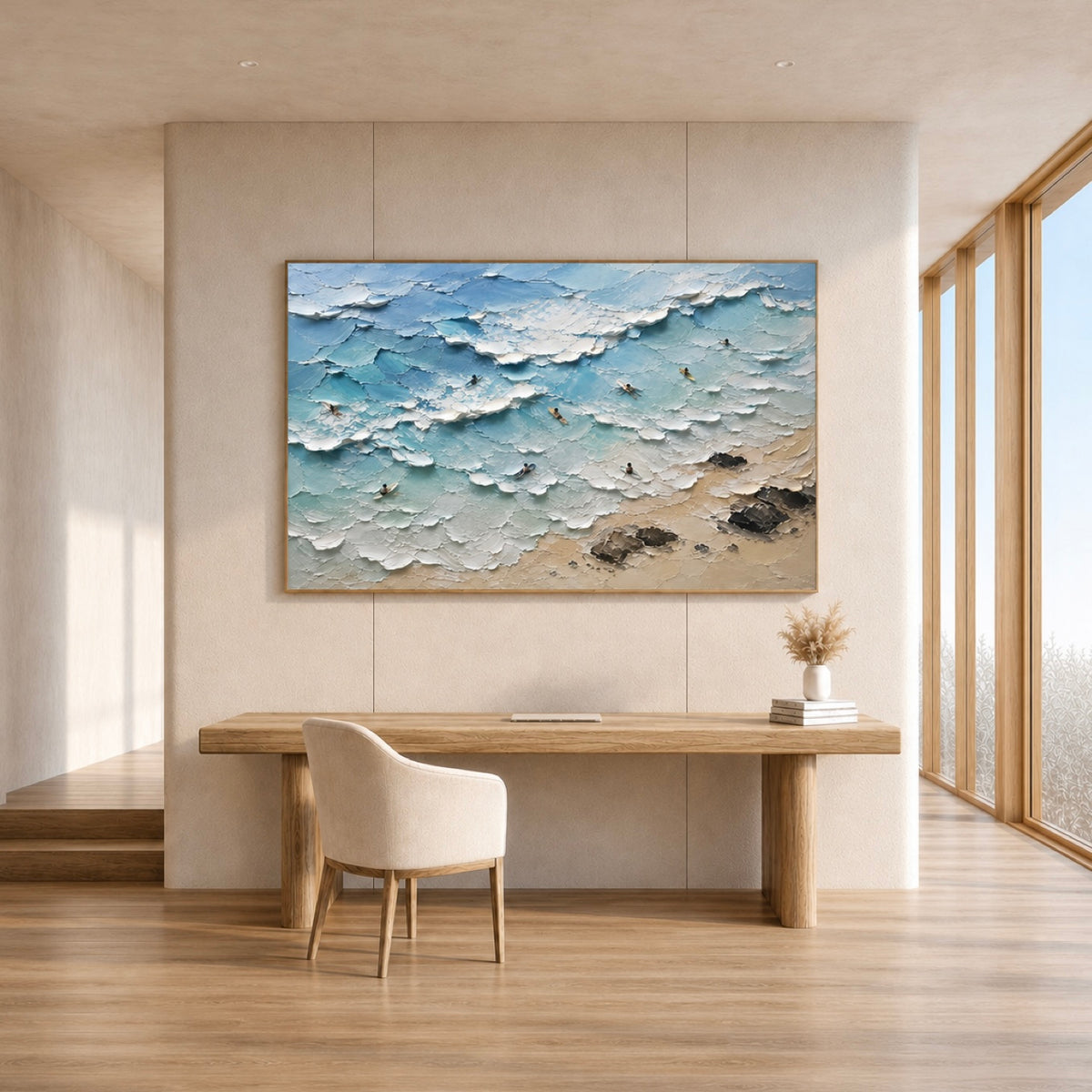Surf Line Coastal Landscape Painting | Aerial Surf Wall Art | Textured Ocean Canvas