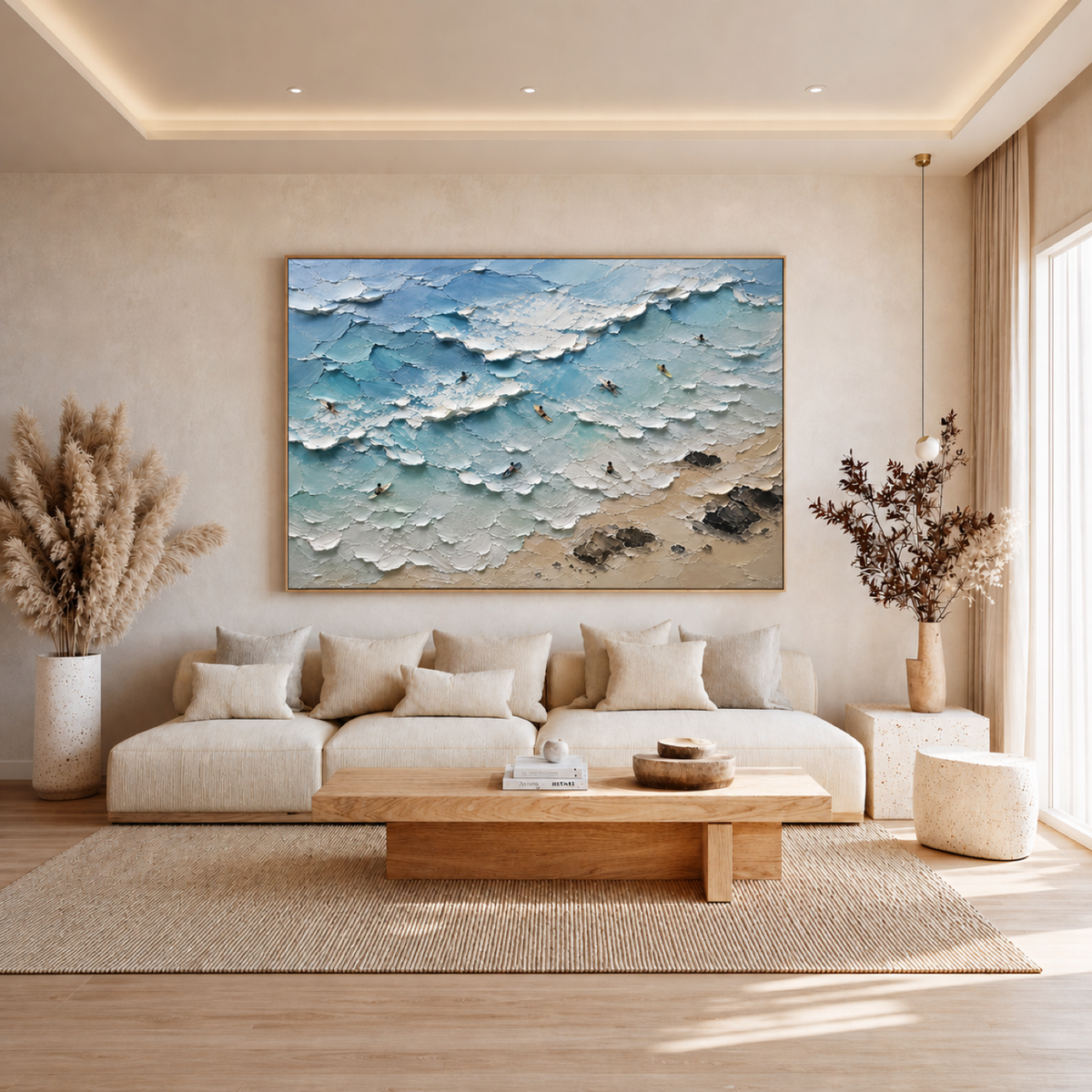 Surf Line Coastal Landscape Painting | Aerial Surf Wall Art | Textured Ocean Canvas