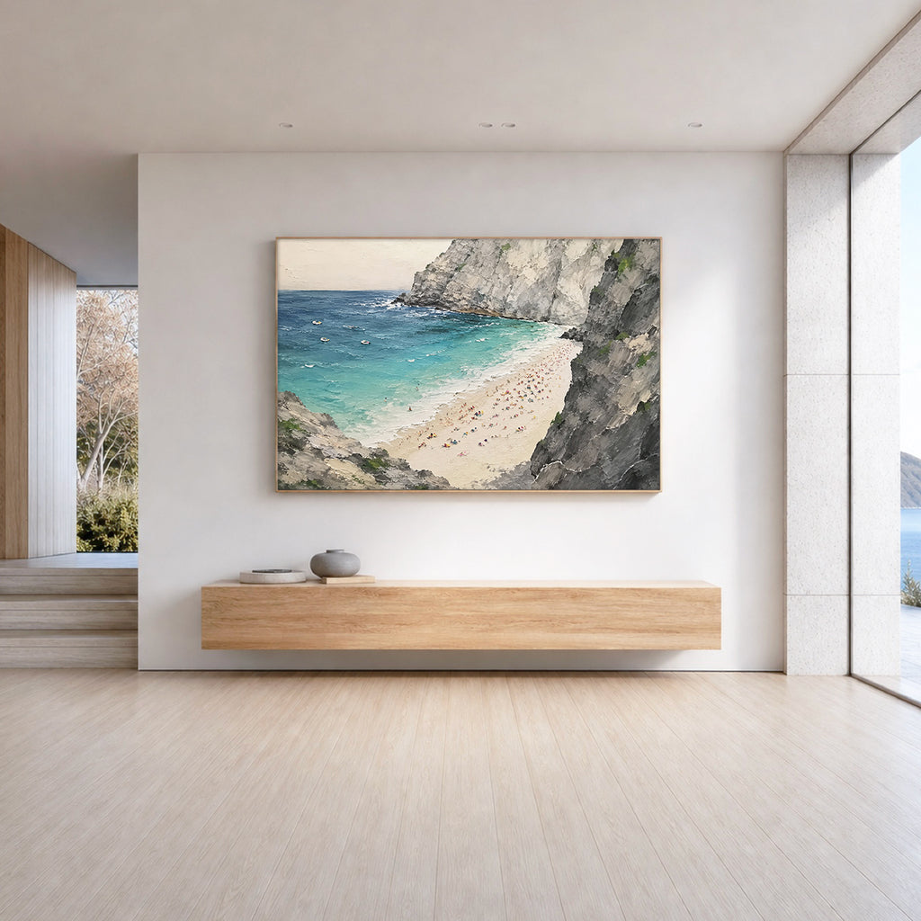 Hidden Cove Hand-Painted Coastal Landscape Painting | Turquoise Beach Wall Art | Ocean Cliff Canvas