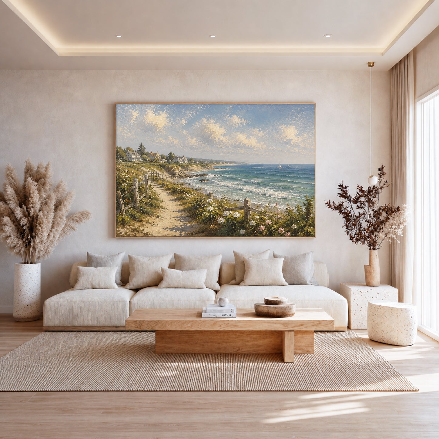 Coastal Village Hand-Painted Coastal Landscape Painting | Seaside Cottage Wall Art | Ocean View Canvas