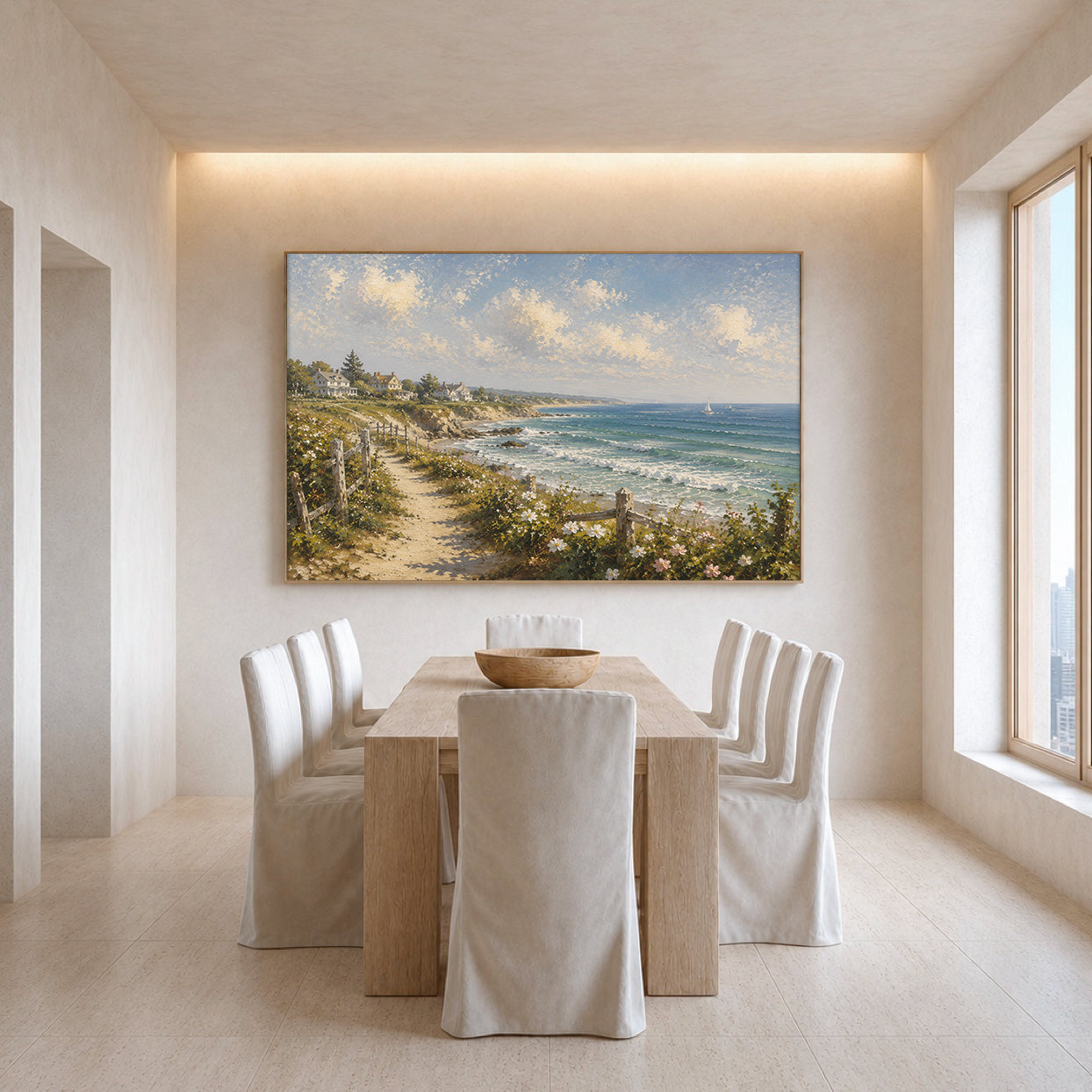 Coastal Village Hand-Painted Coastal Landscape Painting | Seaside Cottage Wall Art | Ocean View Canvas