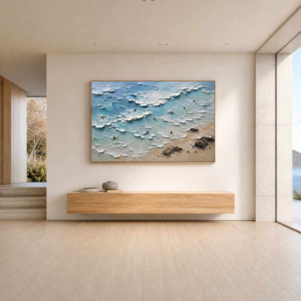 Surf Line Coastal Landscape Painting | Aerial Surf Wall Art | Textured Ocean Canvas