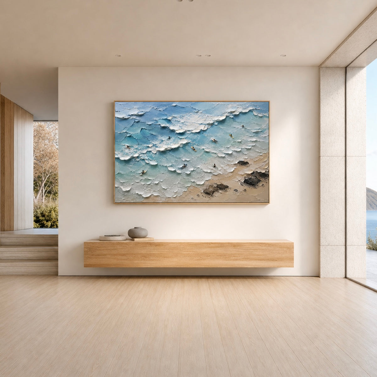 Surf Line Coastal Landscape Painting | Aerial Surf Wall Art | Textured Ocean Canvas