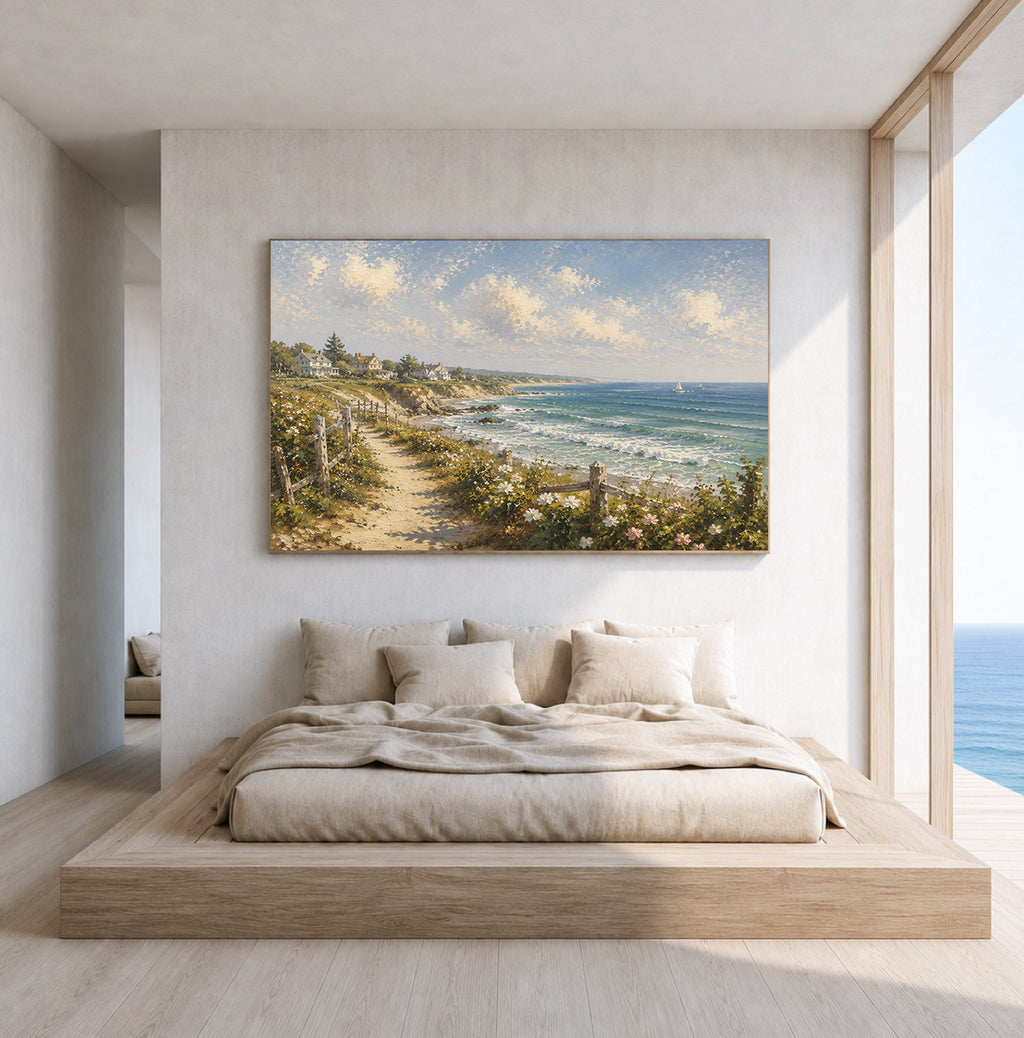 Coastal Village Hand-Painted Coastal Landscape Painting | Seaside Cottage Wall Art | Ocean View Canvas