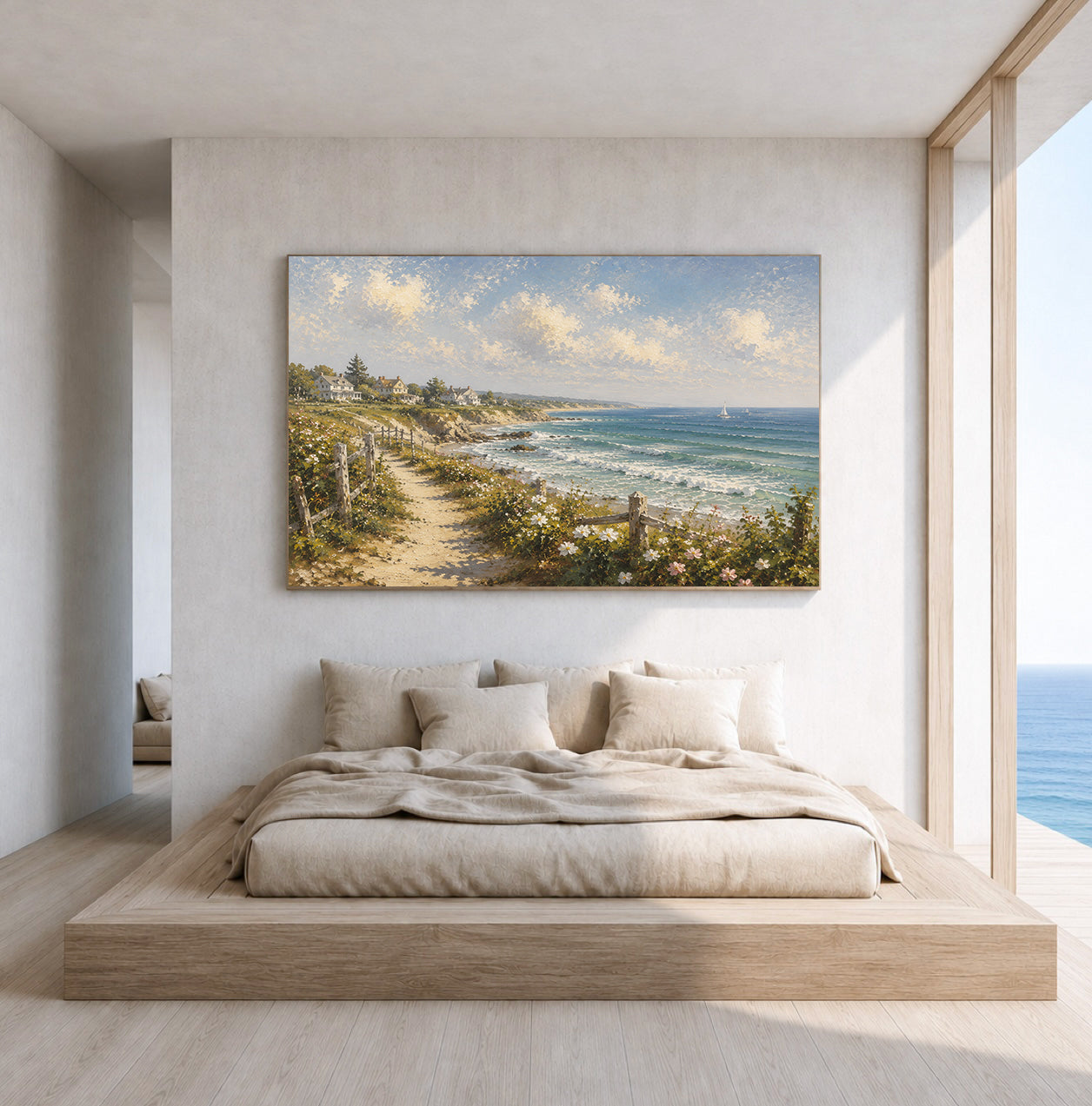 Coastal Village Hand-Painted Coastal Landscape Painting | Seaside Cottage Wall Art | Ocean View Canvas