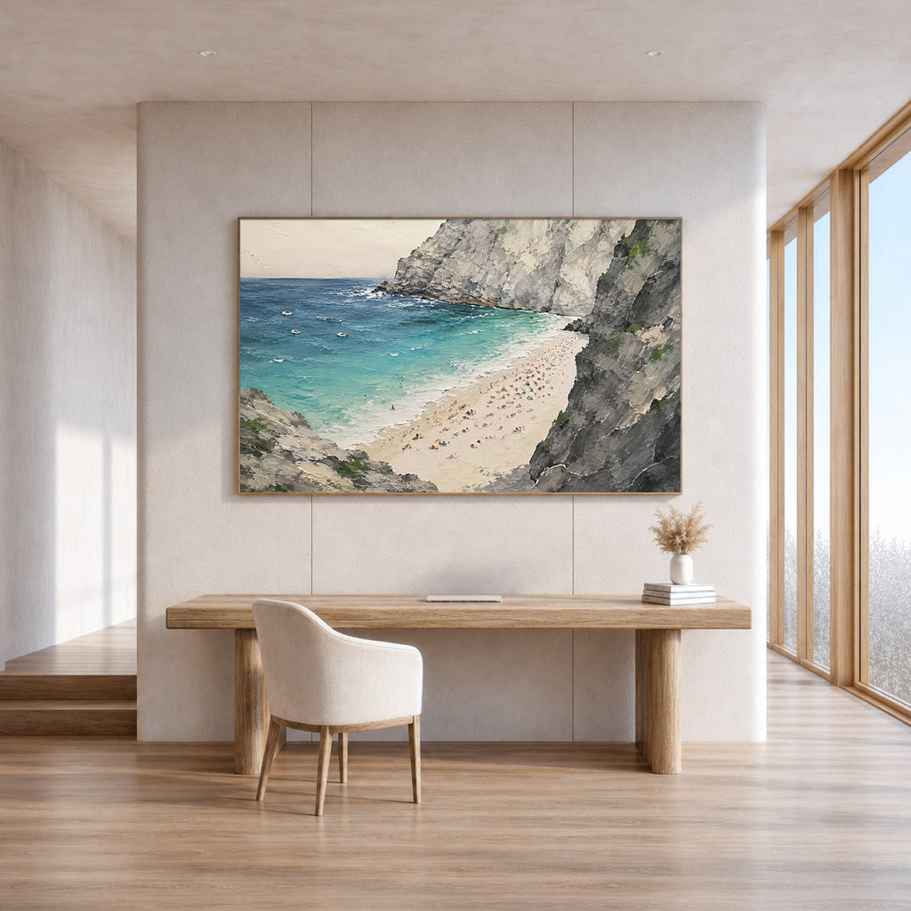 Hidden Cove Hand-Painted Coastal Landscape Painting | Turquoise Beach Wall Art | Ocean Cliff Canvas