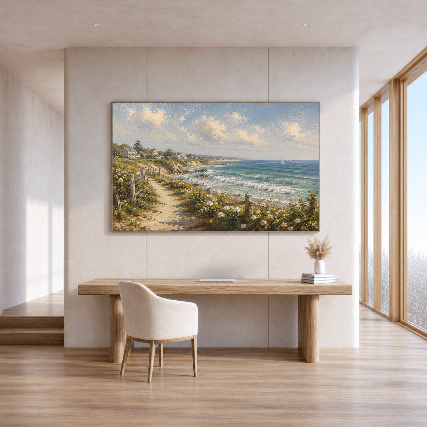 Coastal Village Hand-Painted Coastal Landscape Painting | Seaside Cottage Wall Art | Ocean View Canvas