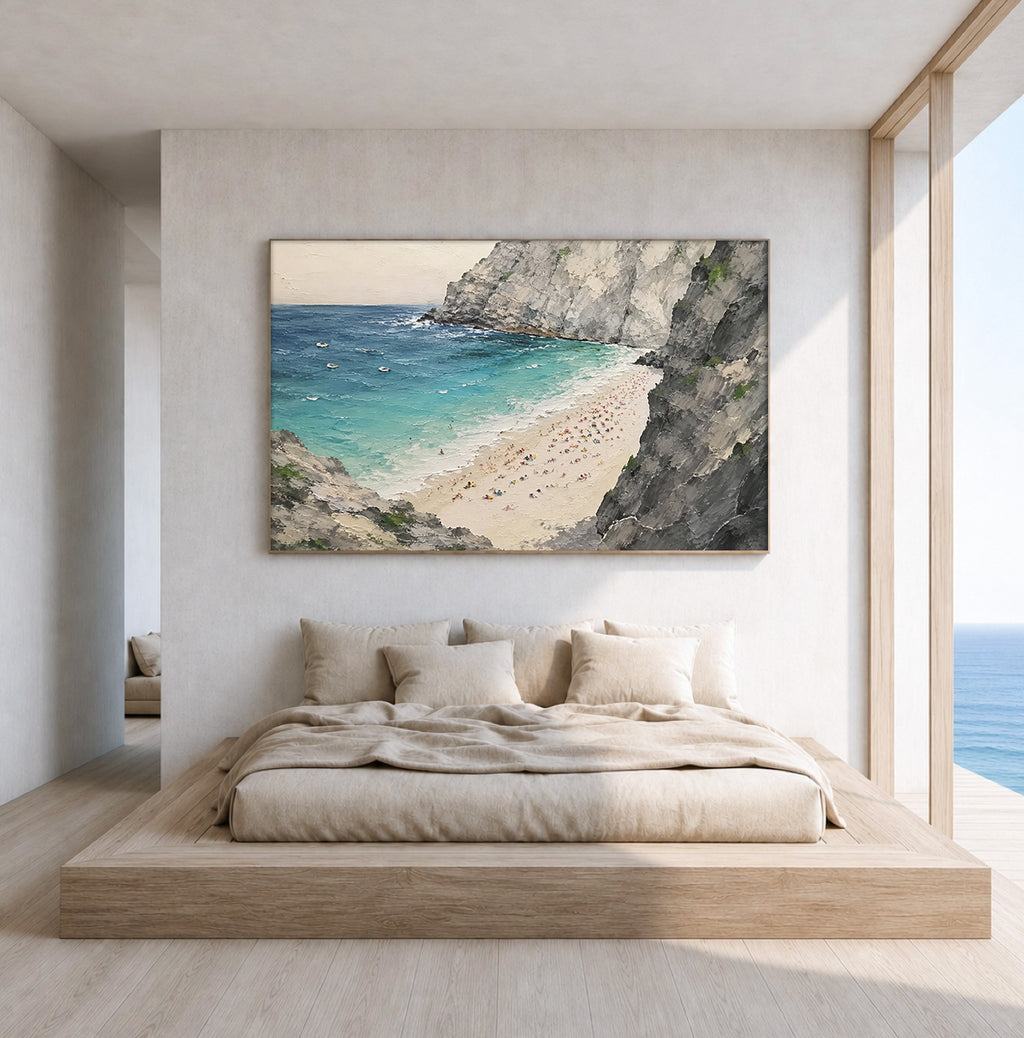 Hidden Cove Hand-Painted Coastal Landscape Painting | Turquoise Beach Wall Art | Ocean Cliff Canvas