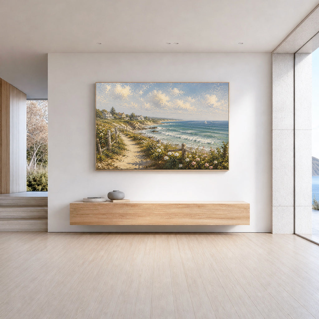 Coastal Village Hand-Painted Coastal Landscape Painting | Seaside Cottage Wall Art | Ocean View Canvas