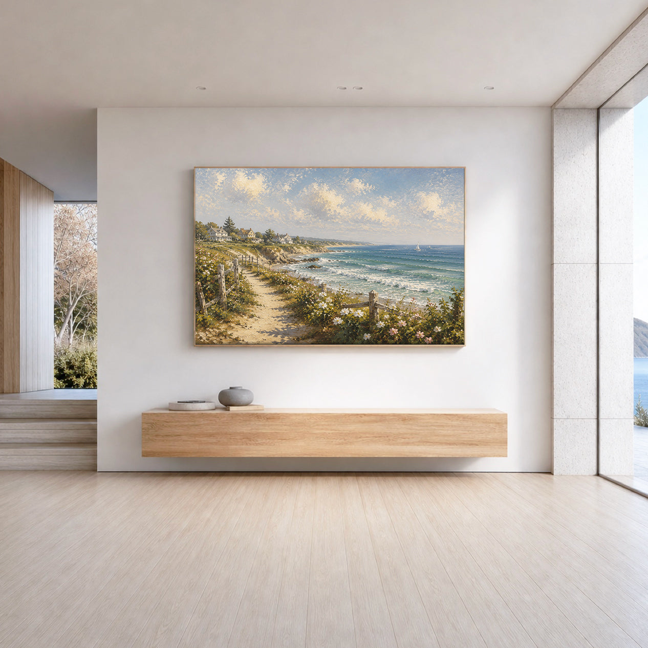 Coastal Village Hand-Painted Coastal Landscape Painting | Seaside Cottage Wall Art | Ocean View Canvas