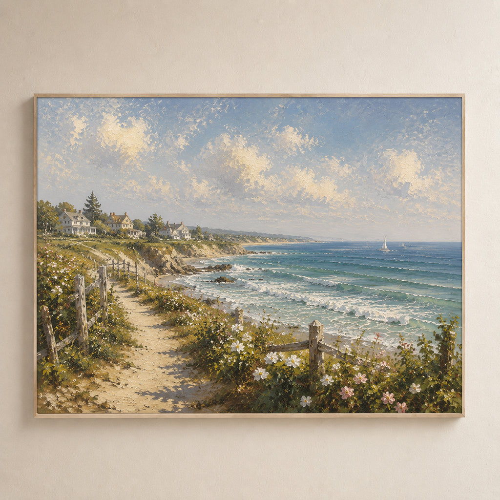 Coastal Village Hand-Painted Coastal Landscape Painting | Seaside Cottage Wall Art | Ocean View Canvas