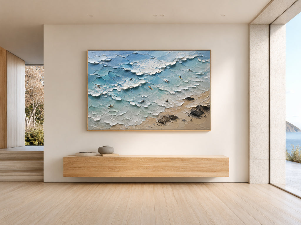 Surf Line Coastal Landscape Painting | Aerial Surf Wall Art | Textured Ocean Canvas