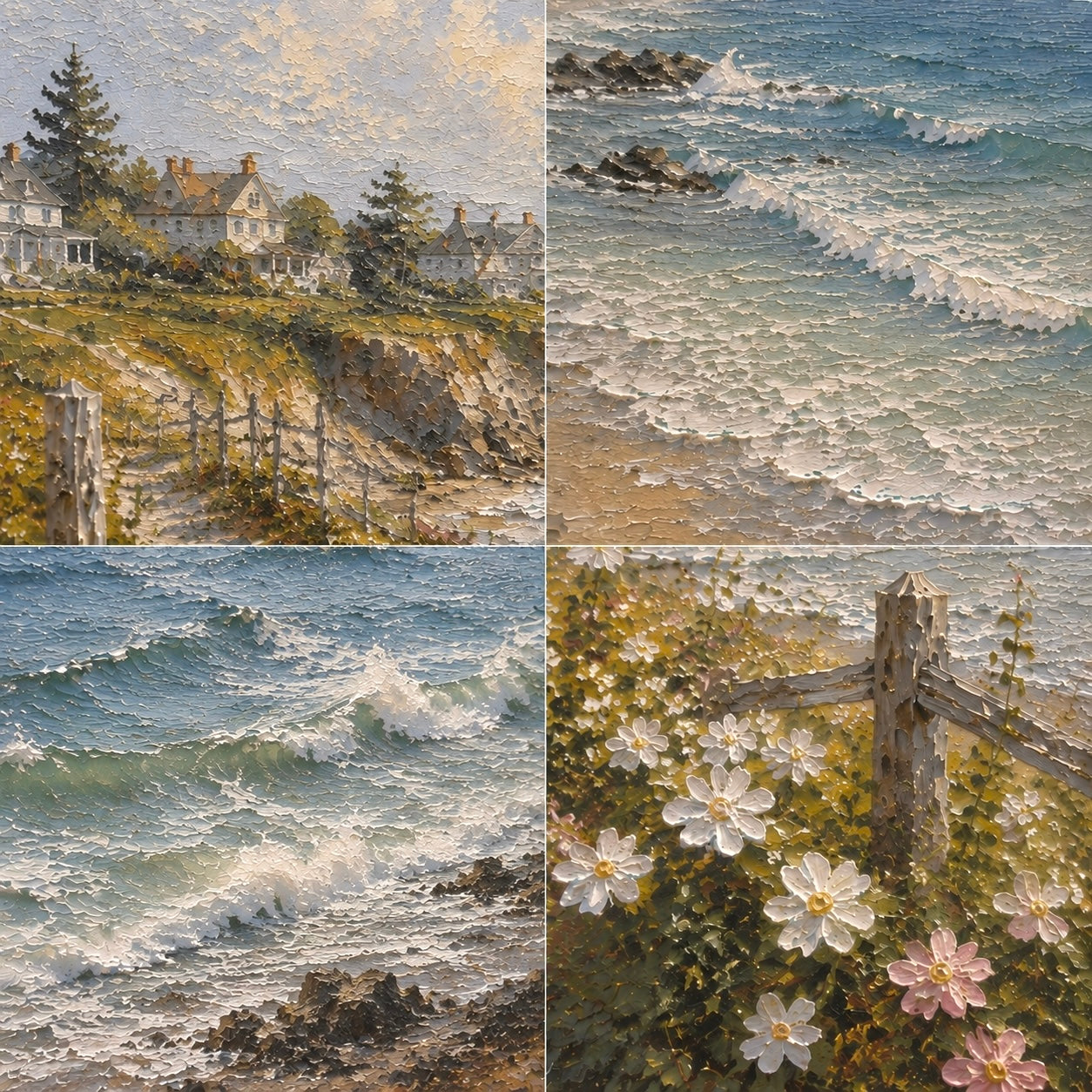 Coastal Village Hand-Painted Coastal Landscape Painting | Seaside Cottage Wall Art | Ocean View Canvas