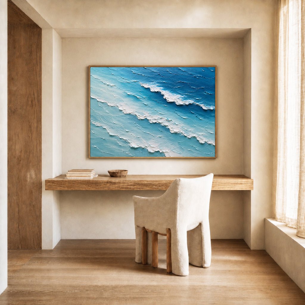 Endless Blue Hand-Painted Ocean Painting | Aerial Seascape Wall Art | Textured Coastal Canvas