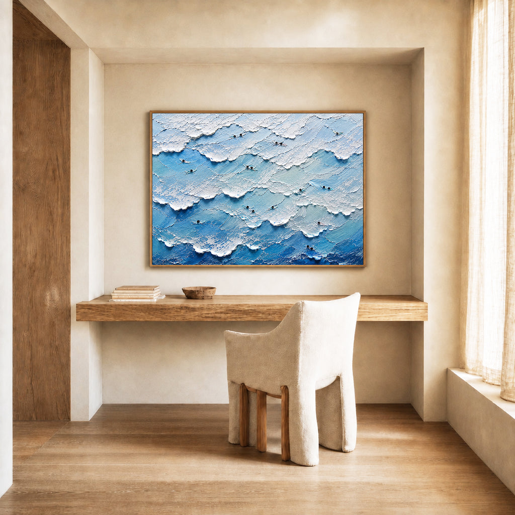 Surf Break Hand-Painted Ocean Painting | Aerial Surfer Wall Art | Coastal Wave Canvas