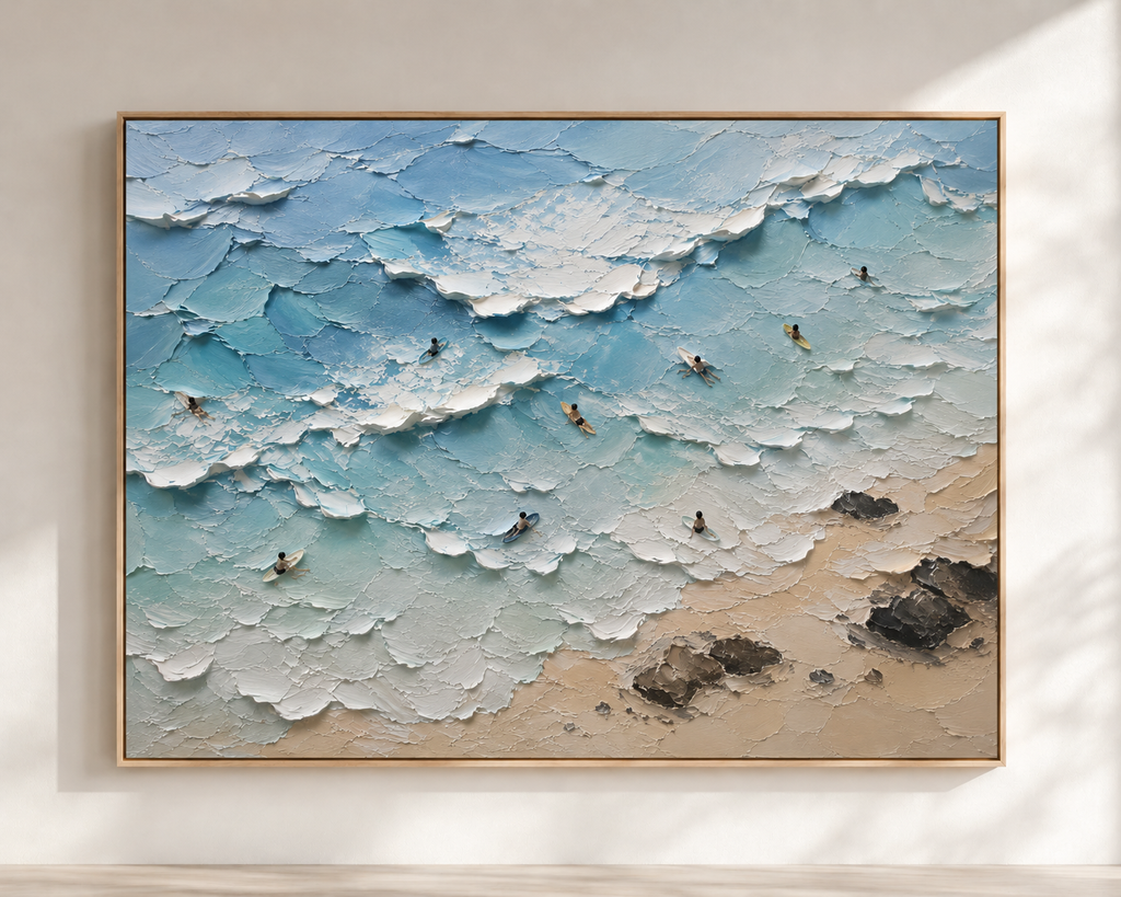 Surf Line Coastal Landscape Painting | Aerial Surf Wall Art | Textured Ocean Canvas