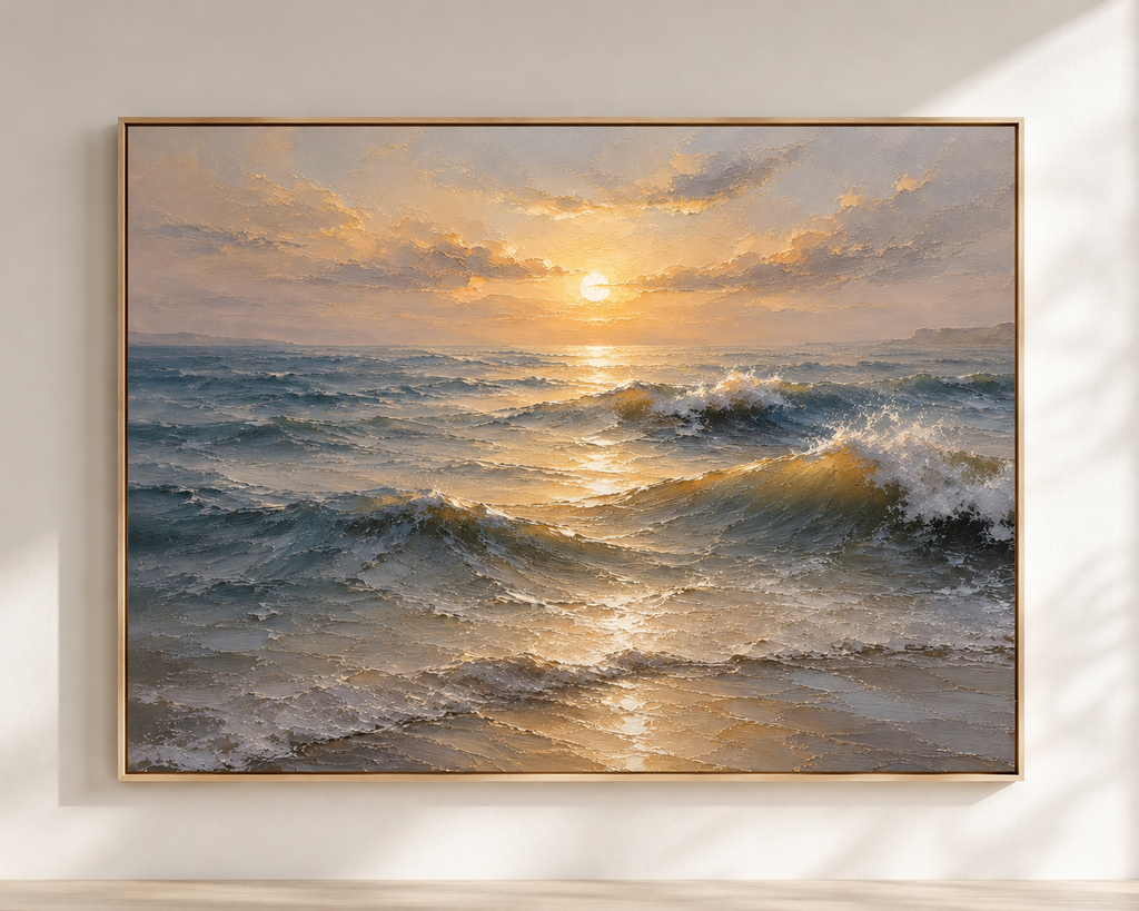 Golden Horizon Hand-Painted Ocean Painting | Sunrise Seascape Wall Art | Textured Coastal Canvas