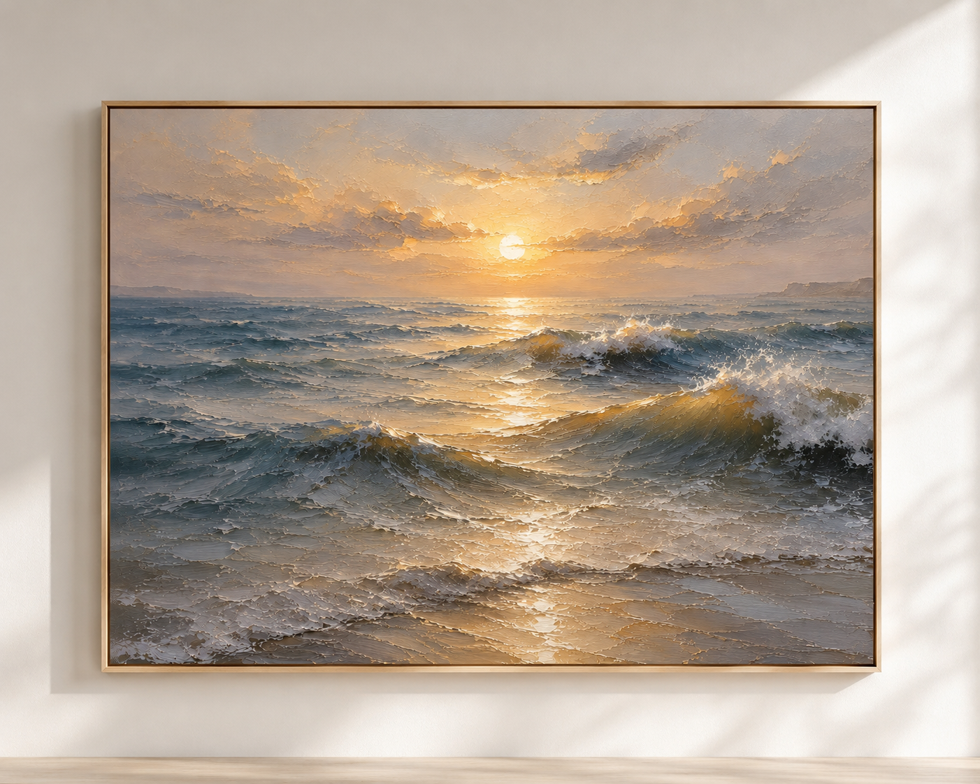 Golden Horizon Hand-Painted Ocean Painting | Sunrise Seascape Wall Art | Textured Coastal Canvas