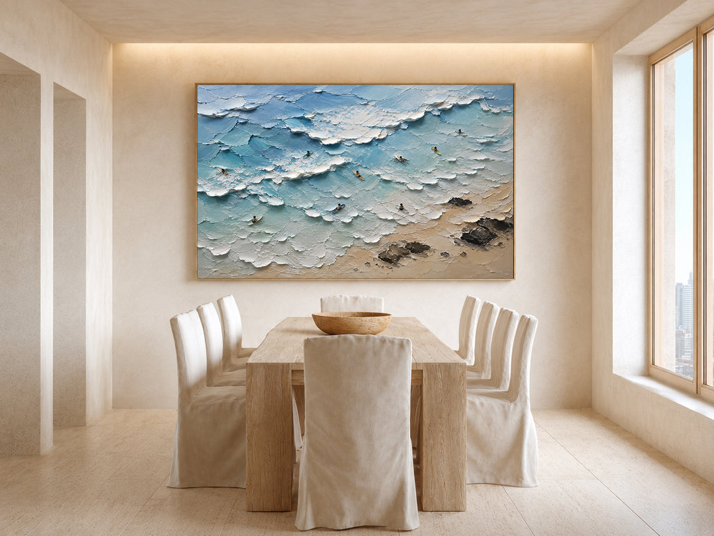 Surf Line Coastal Landscape Painting | Aerial Surf Wall Art | Textured Ocean Canvas