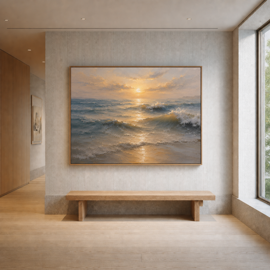 Golden Horizon Hand-Painted Ocean Painting | Sunrise Seascape Wall Art | Textured Coastal Canvas
