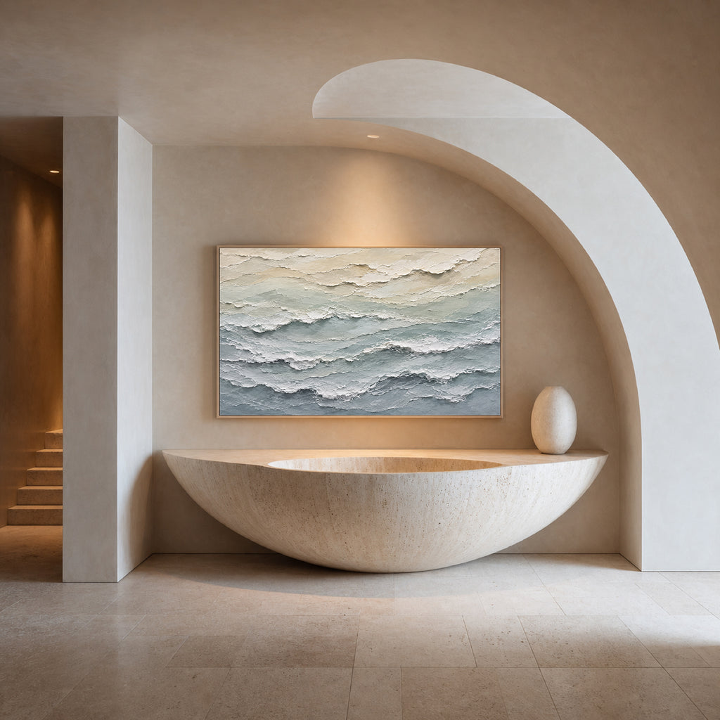 Sea Foam Hand-Painted Textured Coastal Wall Art | Neutral Ocean Abstract | Palette Knife Canvas Painting