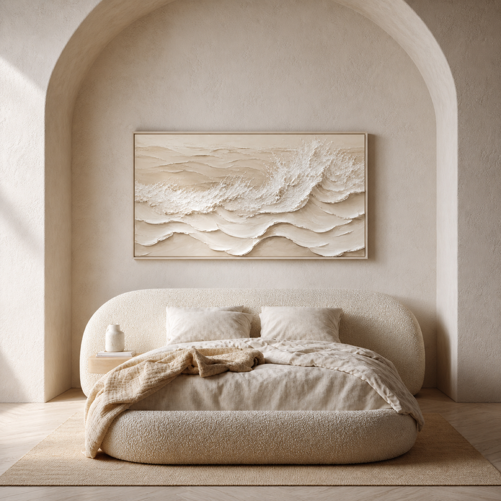 Ivory Waves Hand-Painted Textured Wall Art | Neutral Coastal Canvas | Minimalist Abstract Ocean Painting