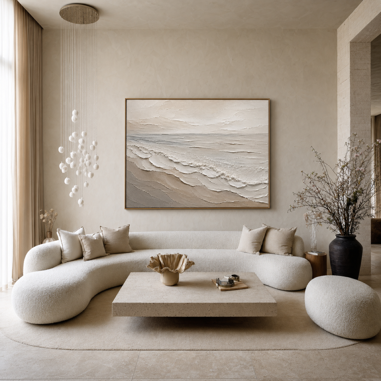Quiet Horizon Hand-Painted Neutral Coastal Wall Art | Minimalist Ocean Painting | Textured Canvas