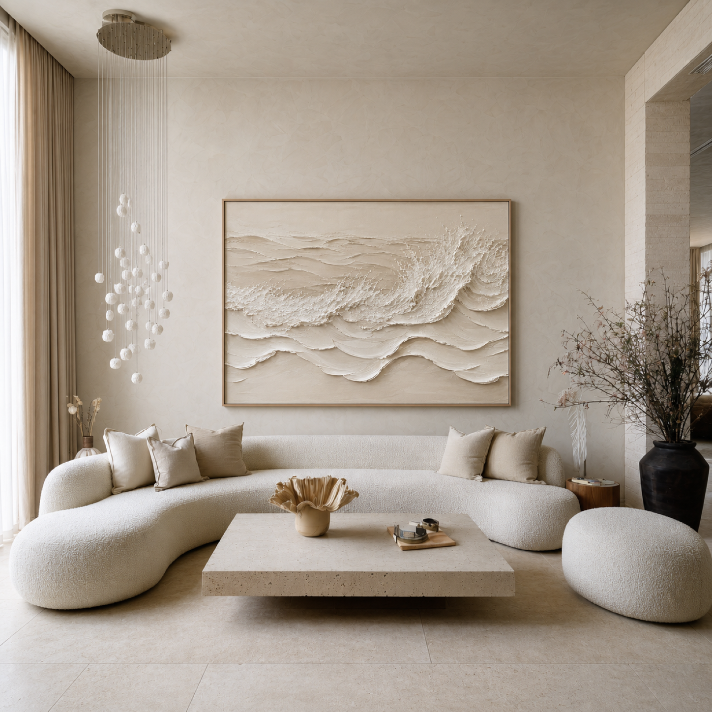 Ivory Waves Hand-Painted Textured Wall Art | Neutral Coastal Canvas | Minimalist Abstract Ocean Painting