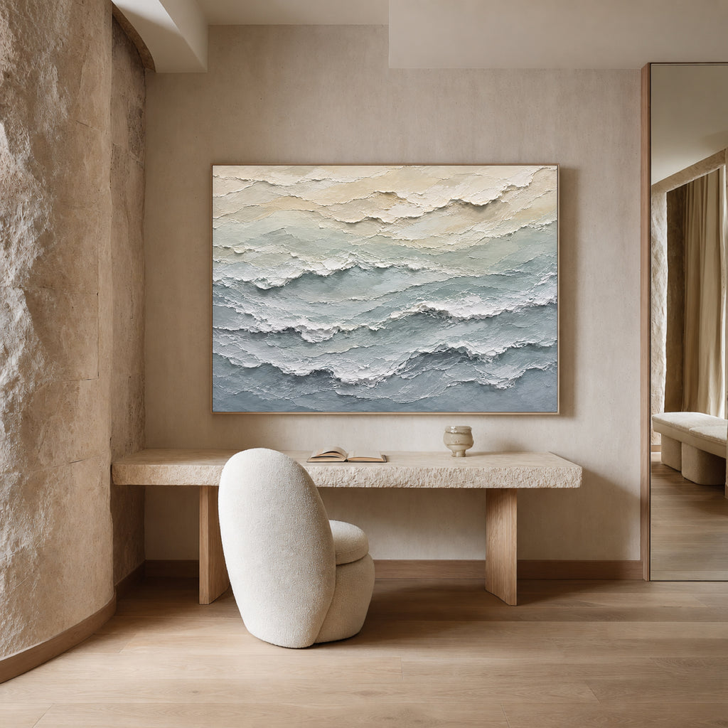 Sea Foam Hand-Painted Textured Coastal Wall Art | Neutral Ocean Abstract | Palette Knife Canvas Painting