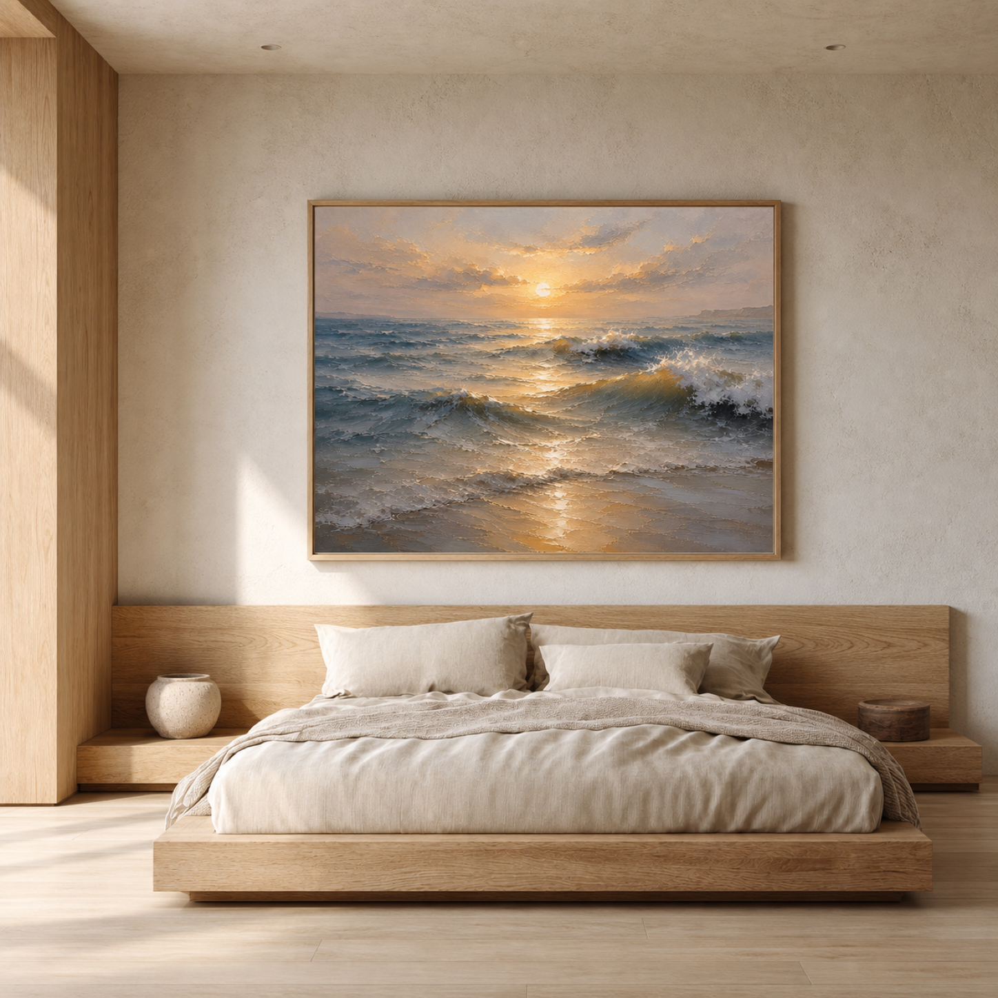 Golden Horizon Hand-Painted Ocean Painting | Sunrise Seascape Wall Art | Textured Coastal Canvas