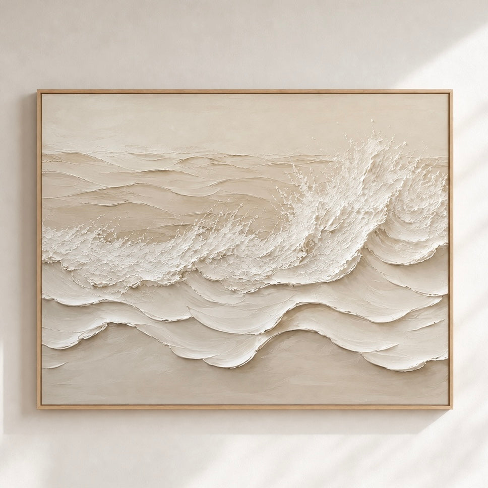 Ivory Waves Hand-Painted Textured Wall Art | Neutral Coastal Canvas | Minimalist Abstract Ocean Painting