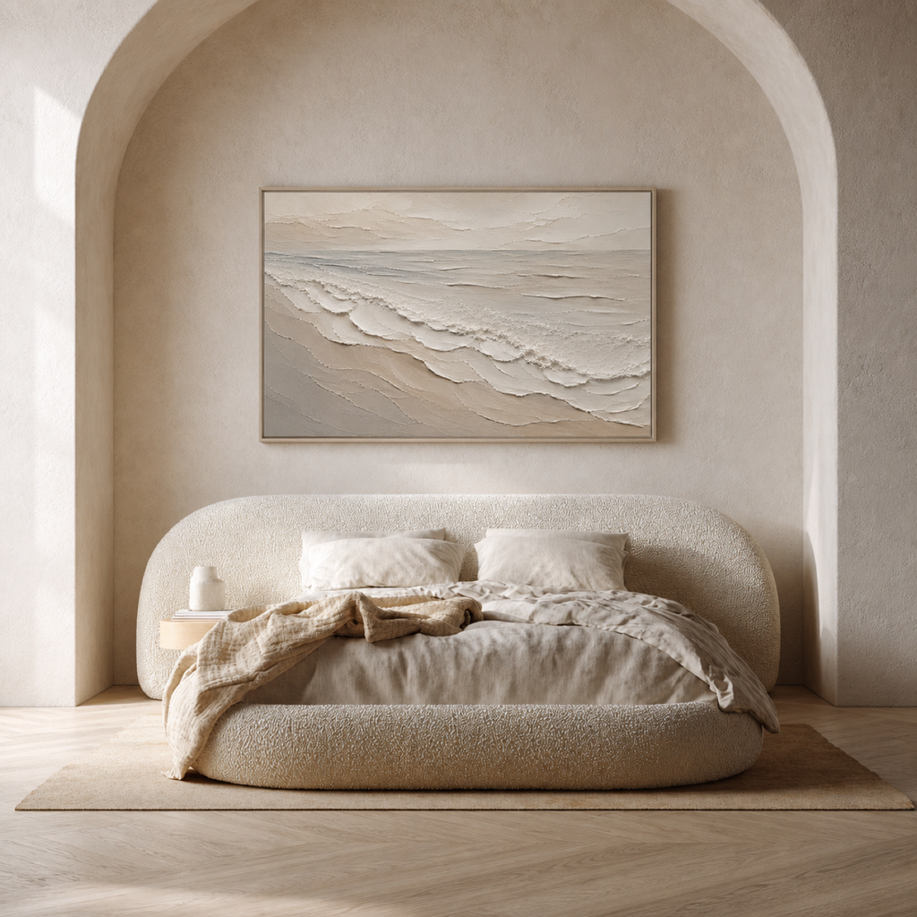 Quiet Horizon Hand-Painted Neutral Coastal Wall Art | Minimalist Ocean Painting | Textured Canvas