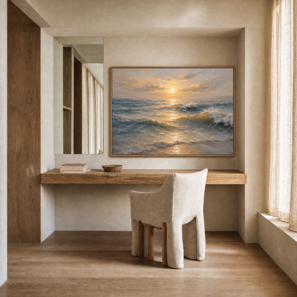 Golden Horizon Hand-Painted Ocean Painting | Sunrise Seascape Wall Art | Textured Coastal Canvas