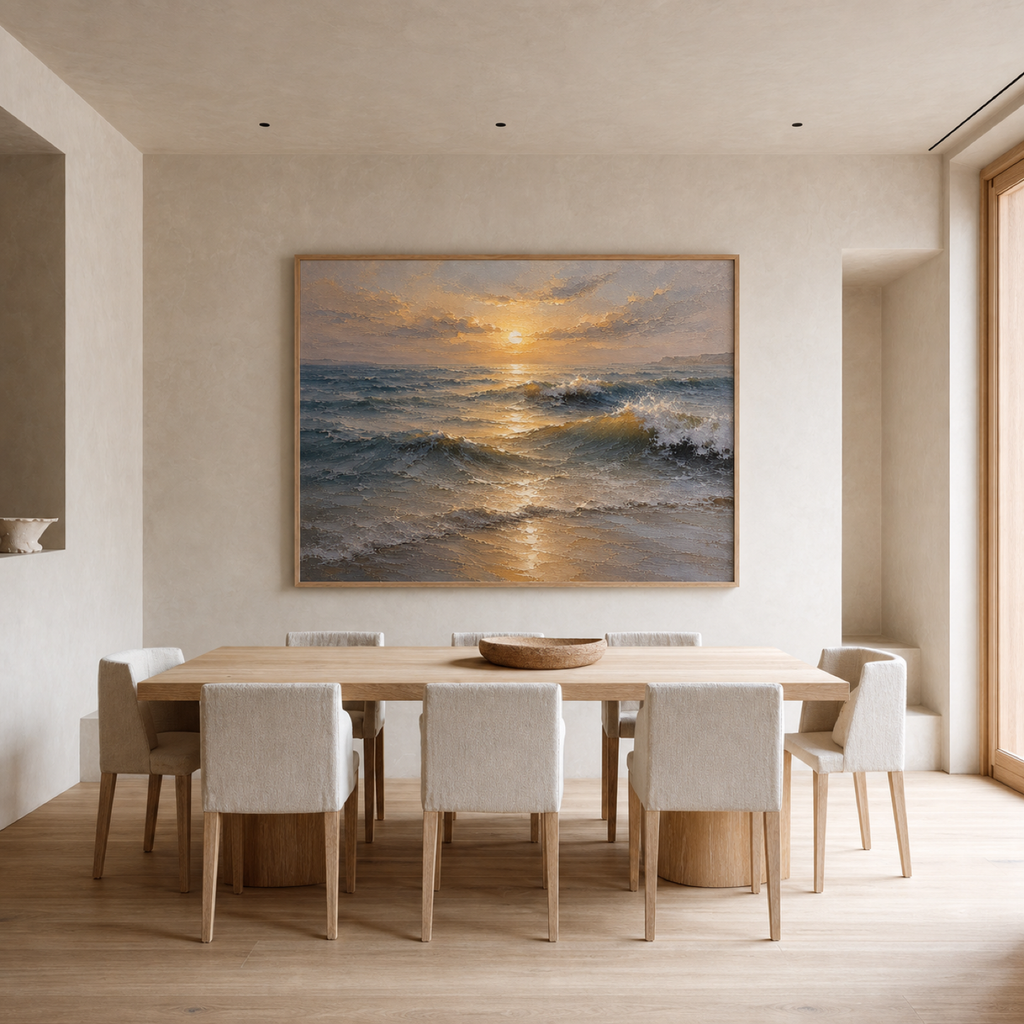 Golden Horizon Hand-Painted Ocean Painting | Sunrise Seascape Wall Art | Textured Coastal Canvas