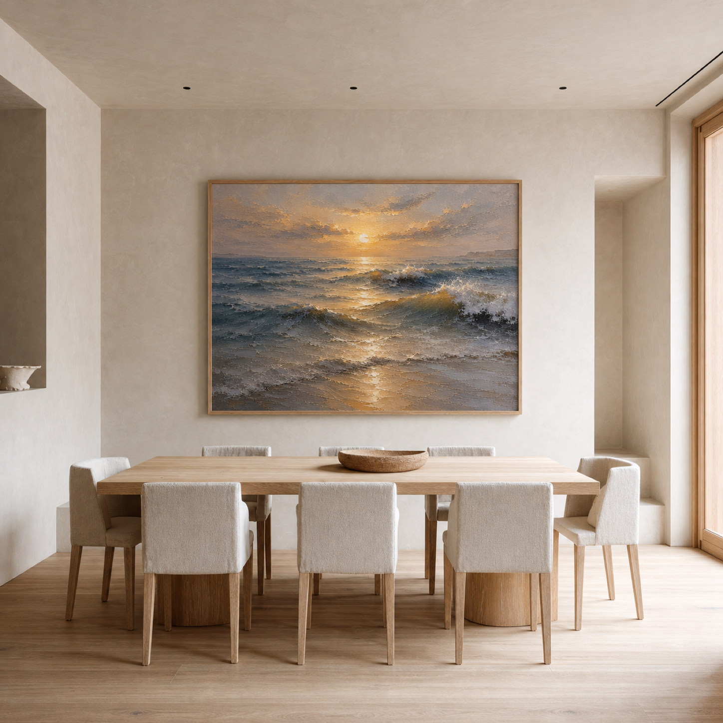 Golden Horizon Hand-Painted Ocean Painting | Sunrise Seascape Wall Art | Textured Coastal Canvas