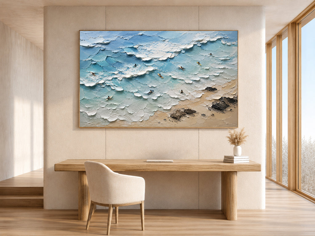 Surf Line Coastal Landscape Painting | Aerial Surf Wall Art | Textured Ocean Canvas