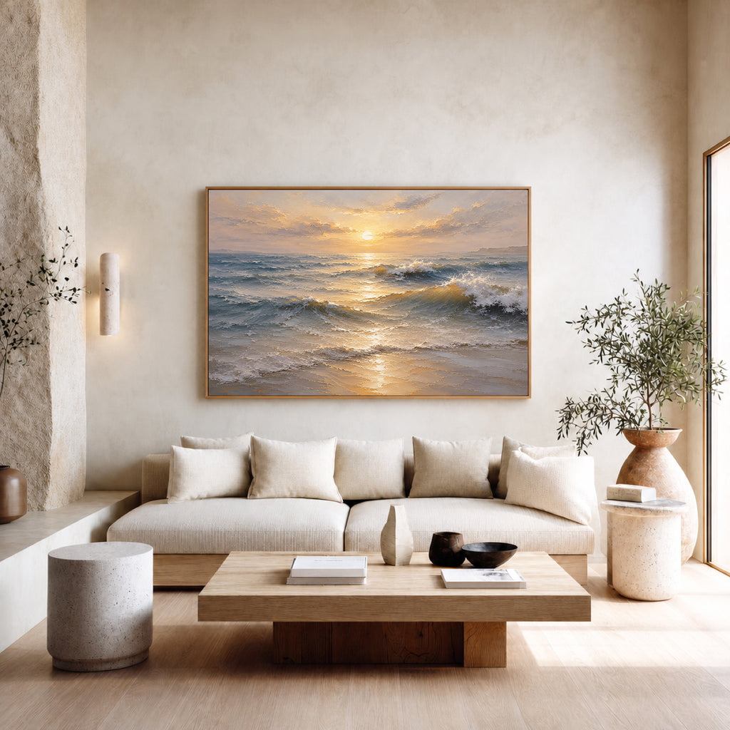 Golden Horizon Hand-Painted Ocean Painting | Sunrise Seascape Wall Art | Textured Coastal Canvas