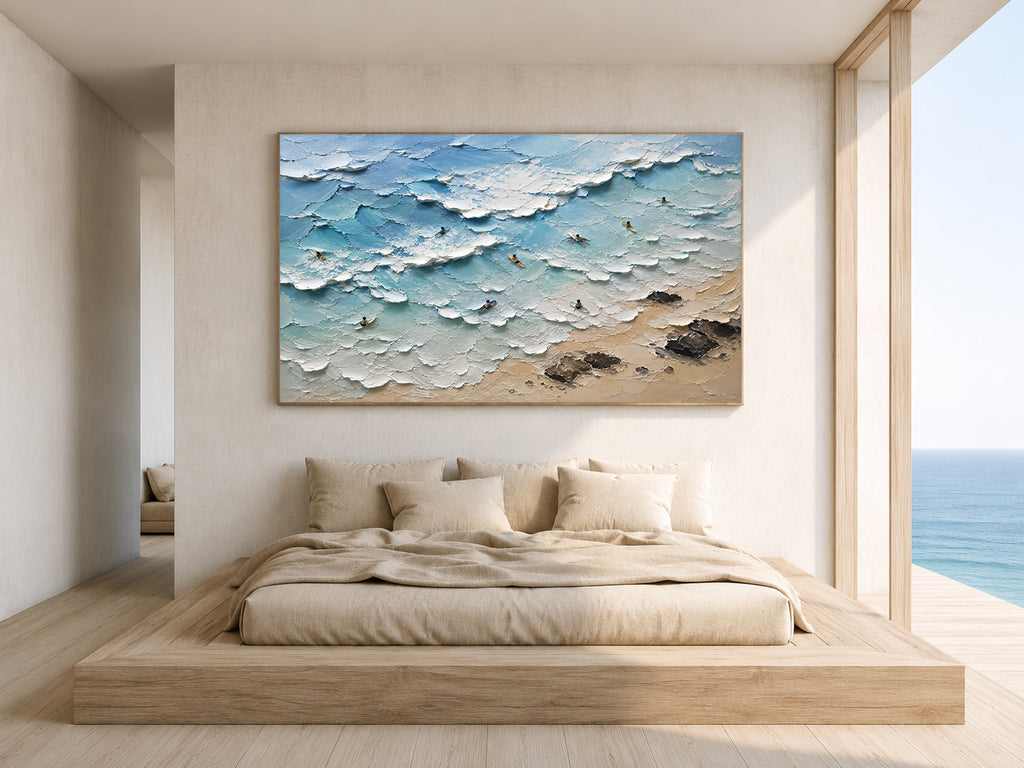 Surf Line Coastal Landscape Painting | Aerial Surf Wall Art | Textured Ocean Canvas
